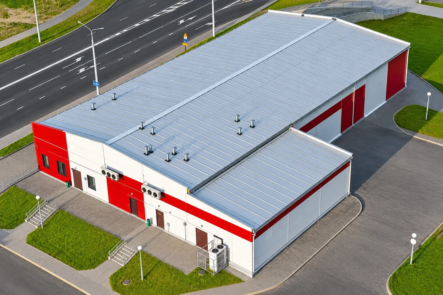 Aerial view of a large warehouse building